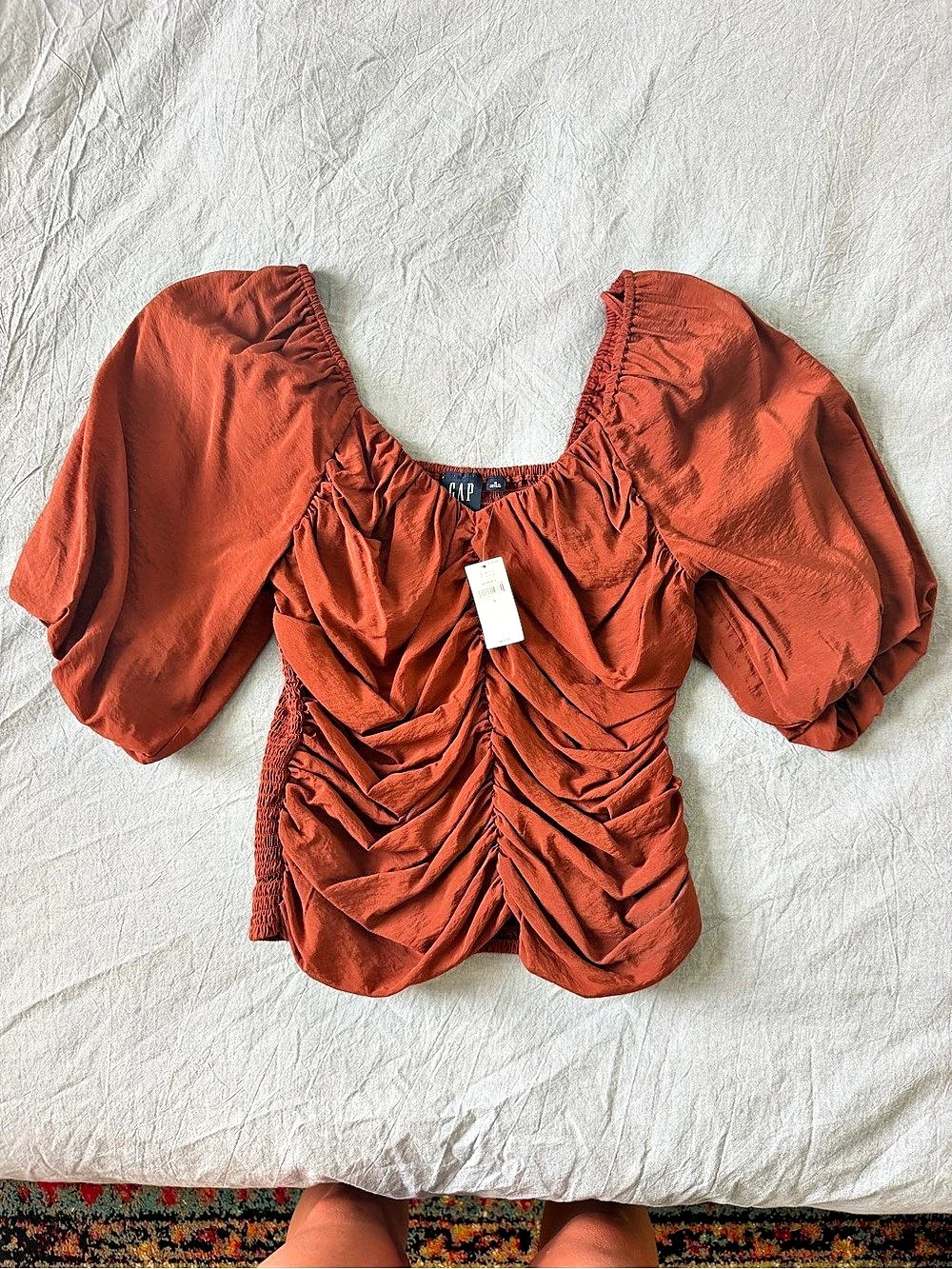 GAP Ruched Puff Sleeve Blouse Brown Medium NWT